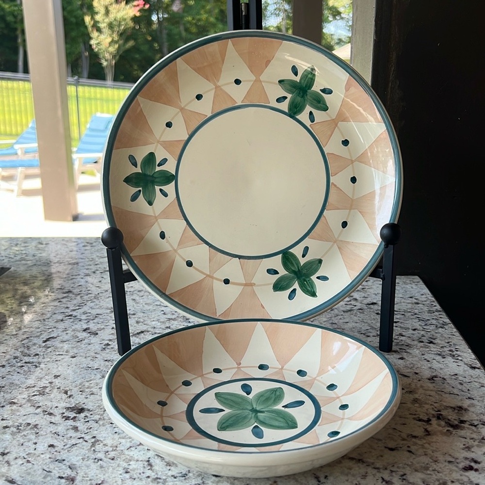 Vintage CALECA Sparagio Hand Painted Italian Dinner Plate & Bowl Set  1990’s